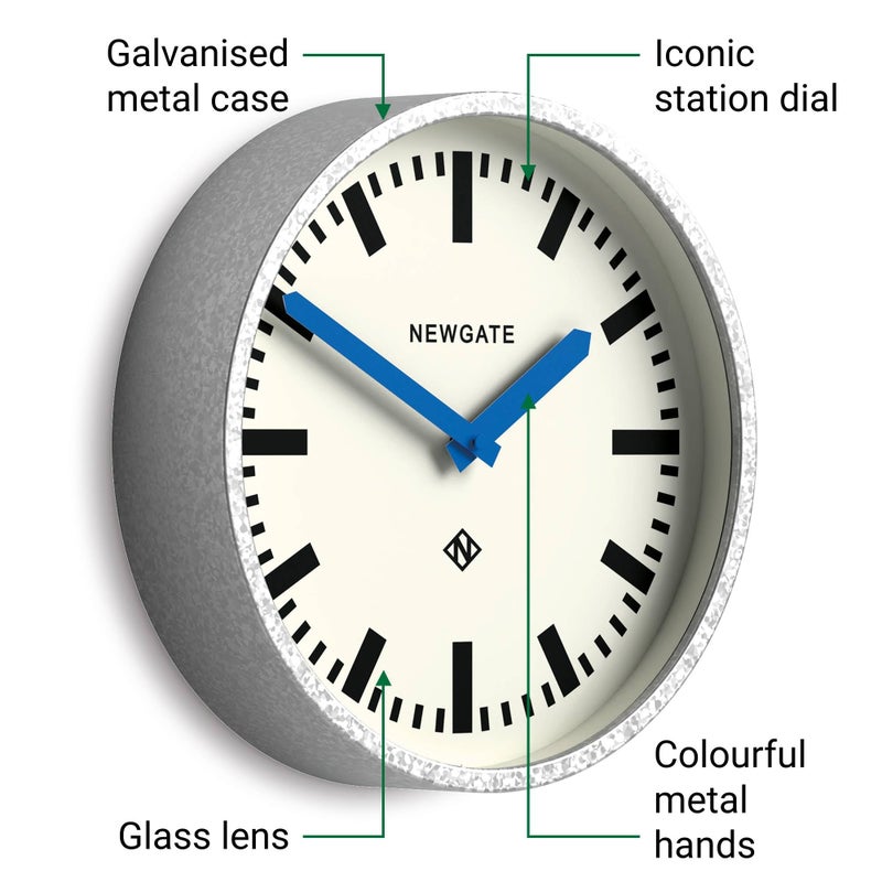 NEWGATEÂ® Luggage Wall Clock | Modern Retro Metal Station Clock | 30cm | Deep galvanised Metal case with Blue Hands | Contemporary Vintage Style for Kitchen, Living Room or Office - Image 5